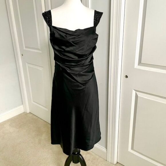 Kay Unger Black Silk Sequined Draped Rouched Stretchy Dress Size 14 - Picture 1 of 5
